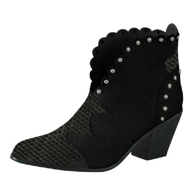 Block-heel rivet color-block snake print ankle boots - DanaFashionstore