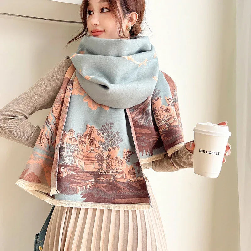Vintage Plum Scarf Women's Artificial Cashmere Thickened Double-sided Student Shawl - DanaFashionstore