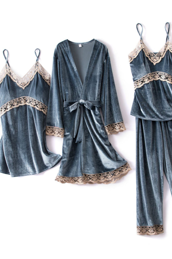 Sexy sling velvet 4-piece long-sleeved nightgown with chest pad home service women - Dana Fashion