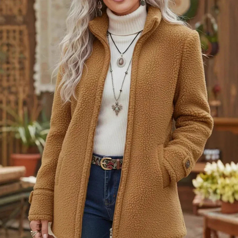 Womens Stand-Up Collar Solid-Color Loose Casual Long-Sleeve Fleece Zip-Up Jacket - DanaFashionstore