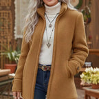 Womens Stand-Up Collar Solid-Color Loose Casual Long-Sleeve Fleece Zip-Up Jacket - DanaFashionstore