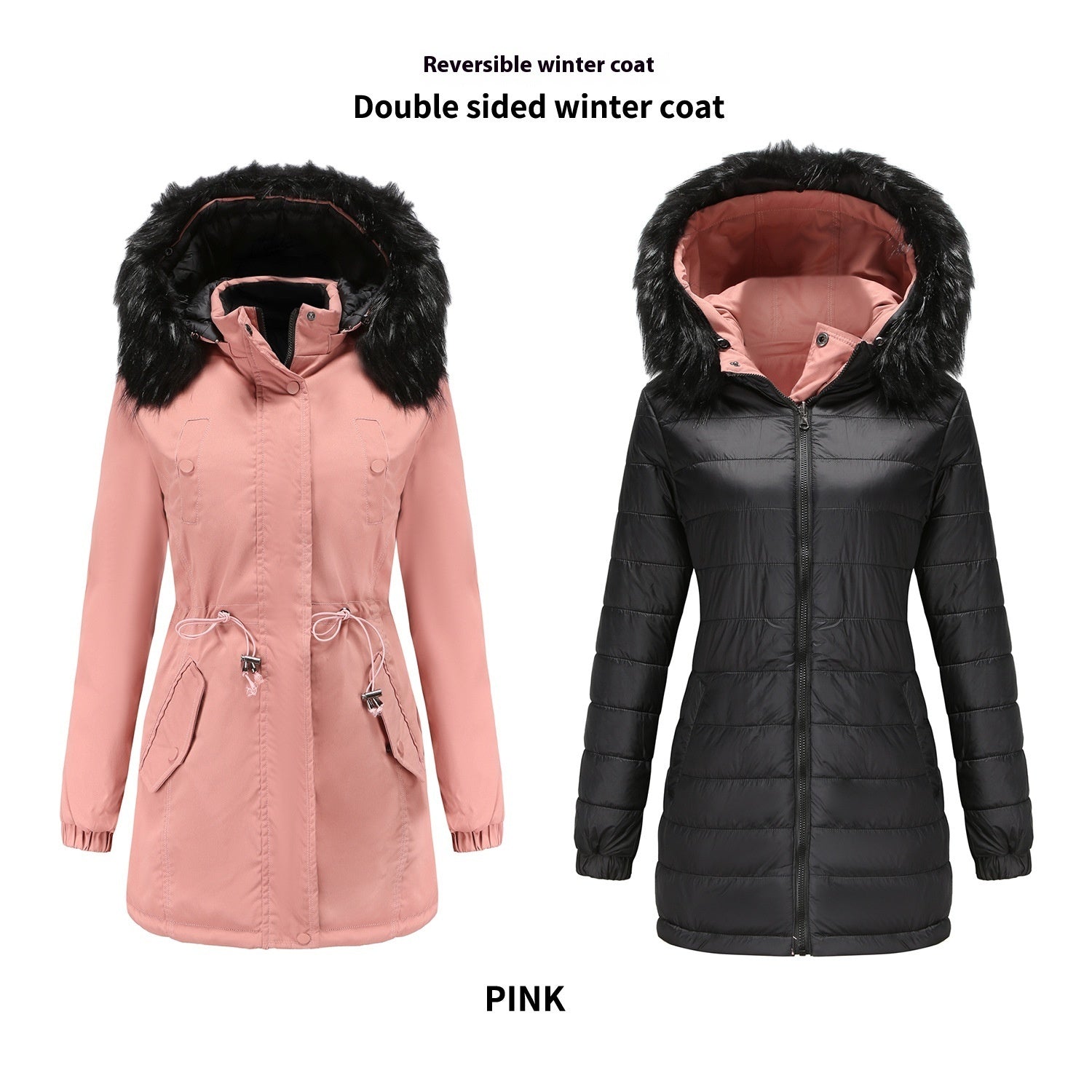 Double-sided Detachable Fur Collar Hat Quilted Parka