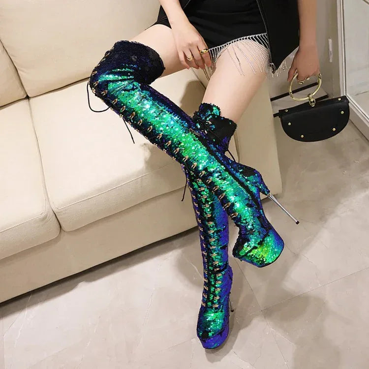 Super High Heels Stiletto Over-the-knee Boots Sequined Boots - DanaFashionstore