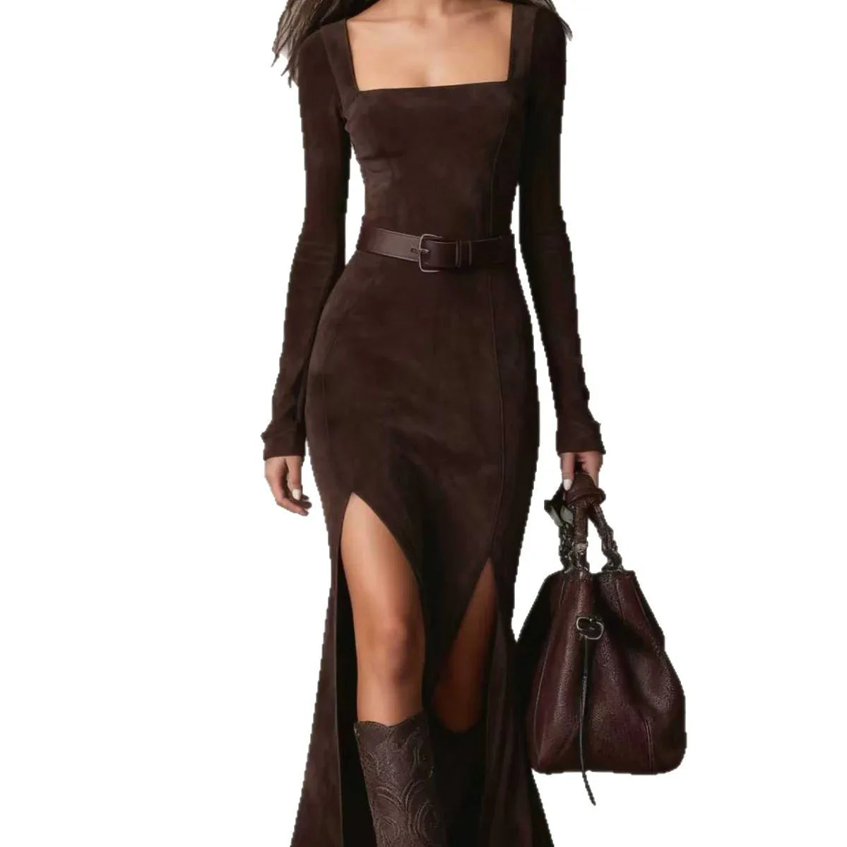 Zipper Square-neck Slit Maxi Dress - DanaFashionstore