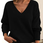 Solid V-neck Sweater Fashion Loose Long-sleeved Knitted Tops Autumn And Winter Women's Clothing - DanaFashionstore