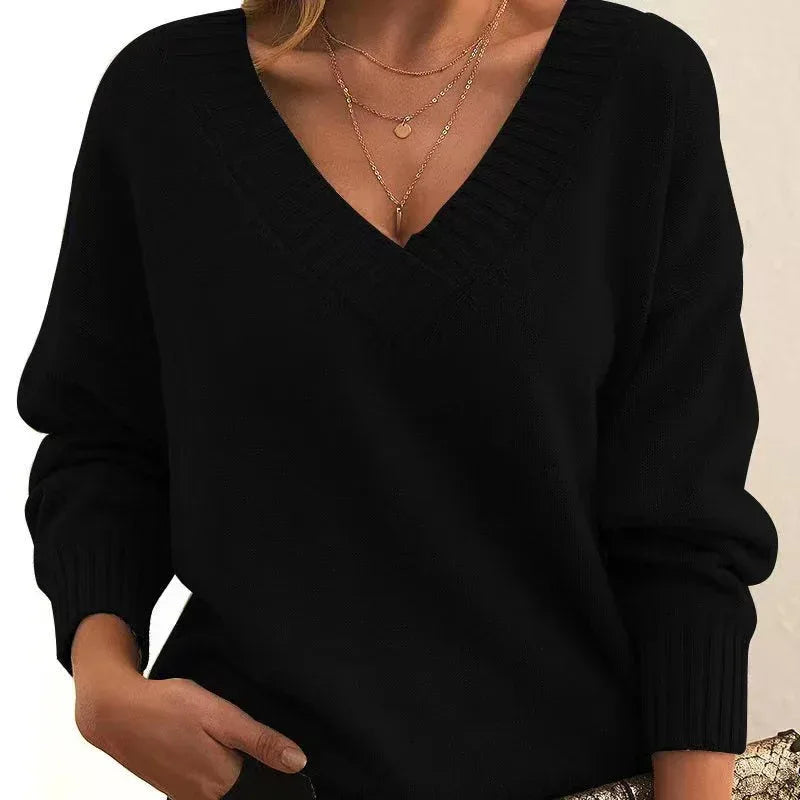 Solid V-neck Sweater Fashion Loose Long-sleeved Knitted Tops Autumn And Winter Women's Clothing - DanaFashionstore