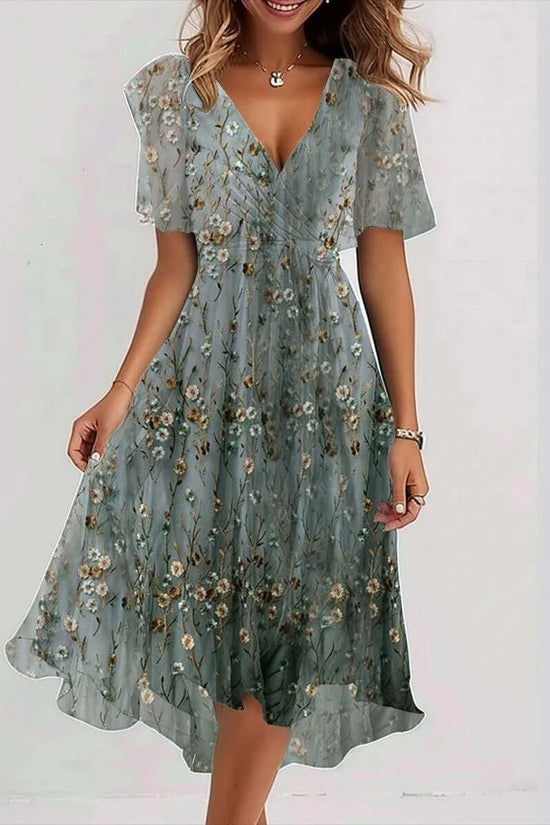 Chiffon Printed Short Sleeve Dress Summer Elegant V-neck Dresses Womens Clothing $51.83 Dana Fashion Color: Gradient dark green Size: L Women's clothing Overview: Unique design, stylish and beautiful. Good material, comfortable wear. A variety of colors,