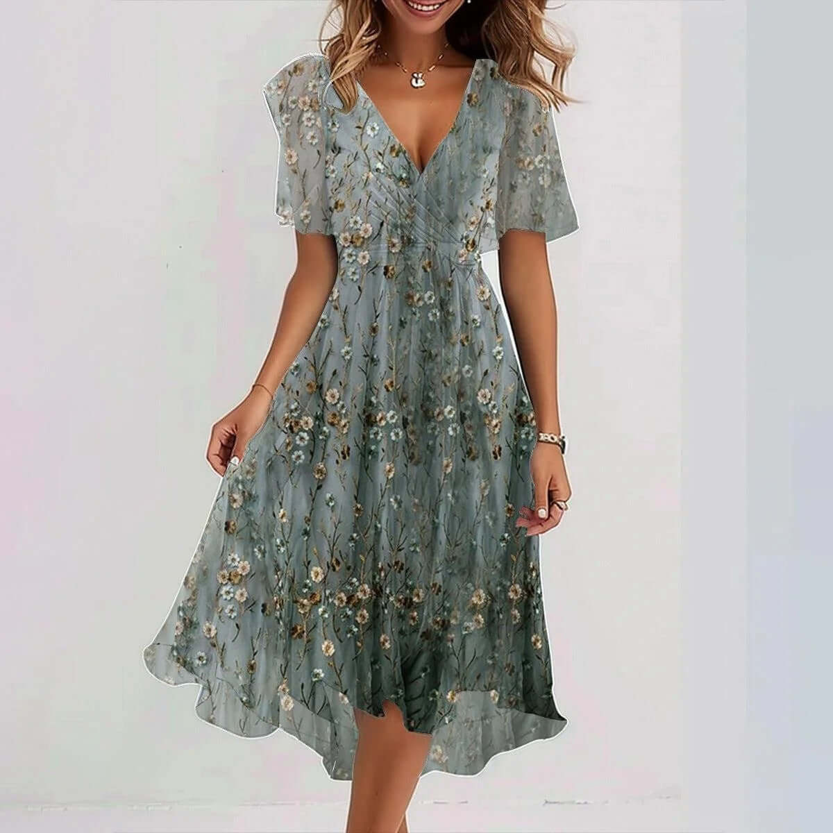 Chiffon Printed Short Sleeve Dress Summer Elegant V-neck Dresses Womens Clothing $51.83 Dana Fashion Color: Gradient dark green Size: L Women's clothing Overview: Unique design, stylish and beautiful. Good material, comfortable wear. A variety of colors,