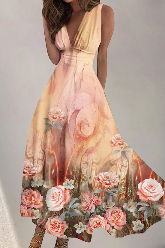 Women's Digital Printing Fashion V-neck Swing Long Dress