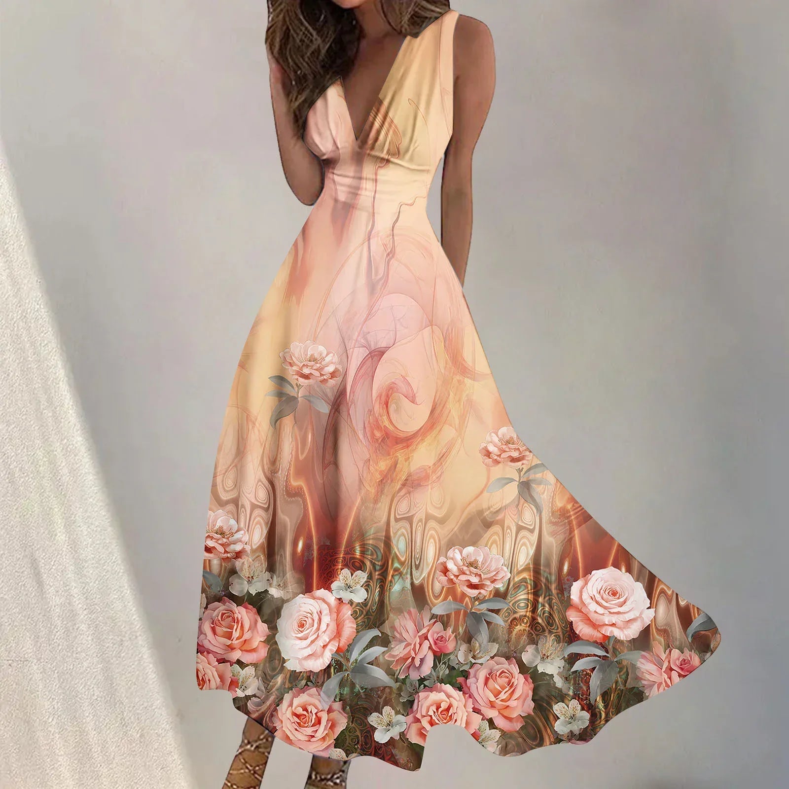 Digital Print V-Neck Swing Dress 2026 - Fashion Long Dress - DanaFashionstore
