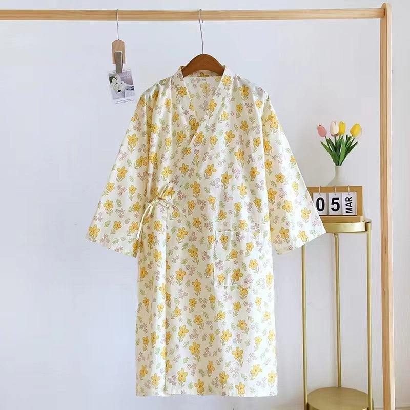 Women Bathrobe Nightdress Long Sleeve Nightgown Cotton Gauze - Dana Fashion
