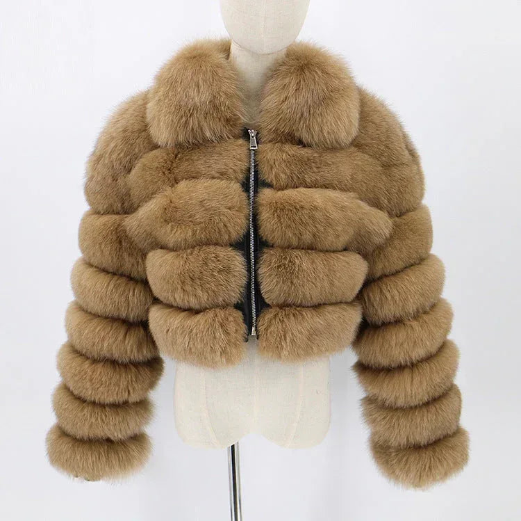 Women's Fur Coat Fox Fur Stitching Short Lapel Long Sleeve Coat - DanaFashionstore
