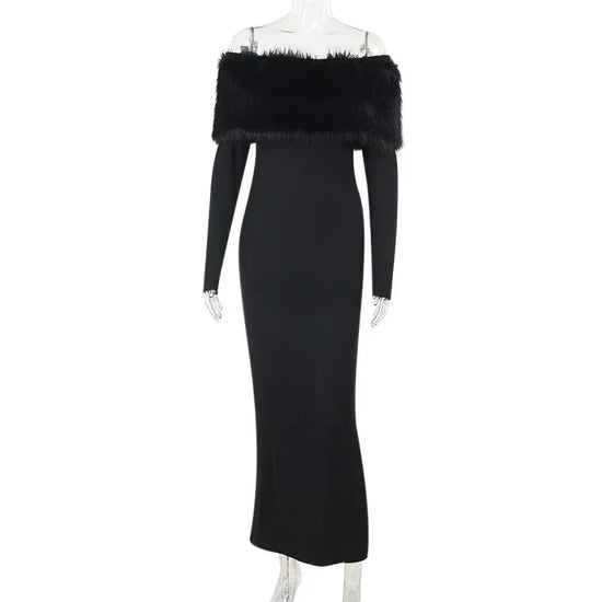 Off-shoulder Fur Collar Slim Fit Dress Women - DanaFashionstore