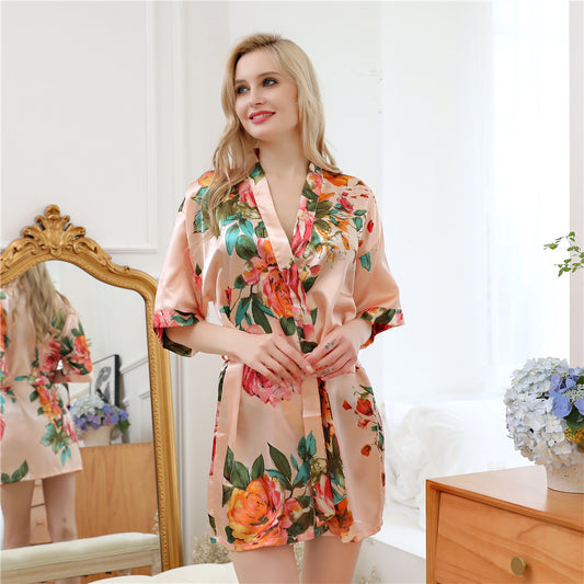 Hand-painted peony simulation silk nightgown - Dana Fashion