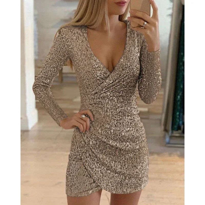 V-Neck Irregular Hem Dress Women 2026 - Long Sleeve Hip Dress - DanaFashionstore