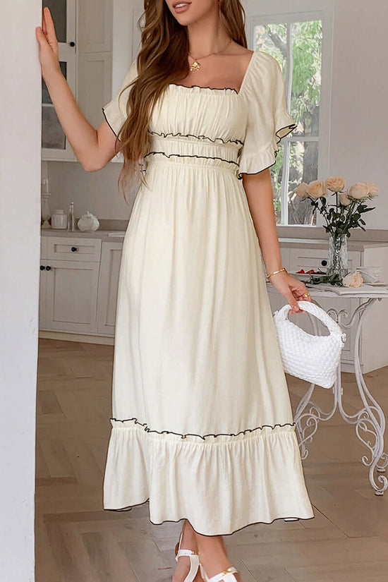 European And American Leisure Vacation Style Stringy Selvedge Short Sleeve Dress $59.50 Dana Fashion Color: Apricot Size: L Women's clothing Product information: Color: green, blue, black, apricot, orange pink Waist type: high waist Size: S,M,L,XL Skirt l
