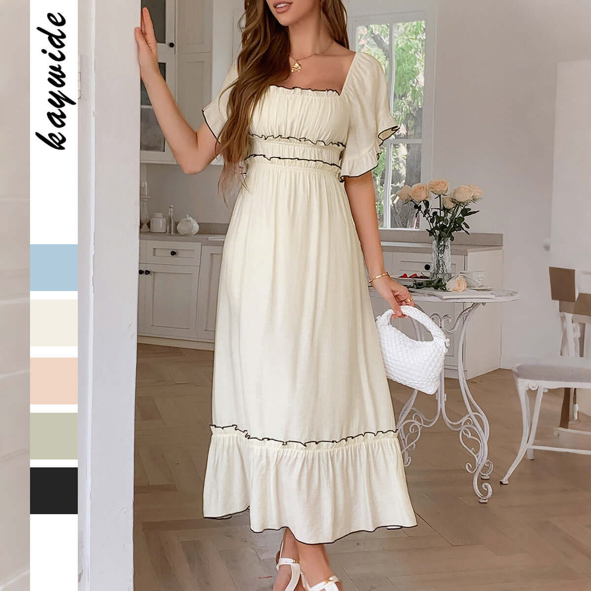 European And American Leisure Vacation Style Stringy Selvedge Short Sleeve Dress $59.50 Dana Fashion Color: Apricot Size: L Women's clothing Product information: Color: green, blue, black, apricot, orange pink Waist type: high waist Size: S,M,L,XL Skirt l