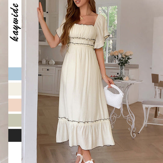 European And American Leisure Vacation Style Stringy Selvedge Short Sleeve Dress $59.50 Dana Fashion Color: Apricot Size: L Women's clothing Product information: Color: green, blue, black, apricot, orange pink Waist type: high waist Size: S,M,L,XL Skirt l