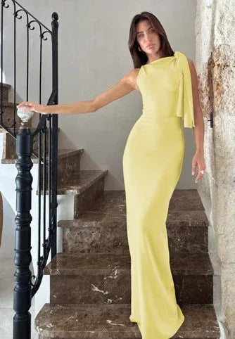 One-shoulder Ribbon Long Dress Ins Fashion Slim Sleeveless Dresses For Evening Party Club Clothing Women - DanaFashionstore