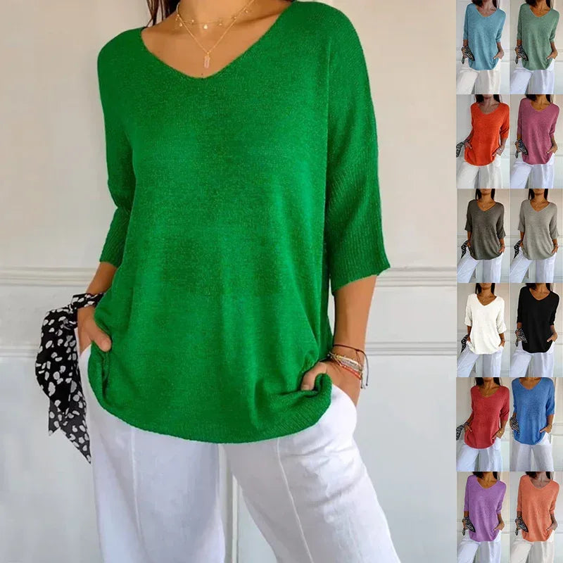 Solid Long Sleeve Sweater Slimming V-neckline Knitwear Women's Bottoming Shirt - DanaFashionstore