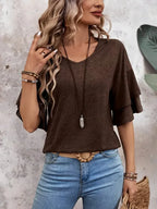 Loose V-neck Ruffle Sleeve T-shirt Fashion Solid Mid-sleeve Tops Women's Clothing - DanaFashionstore