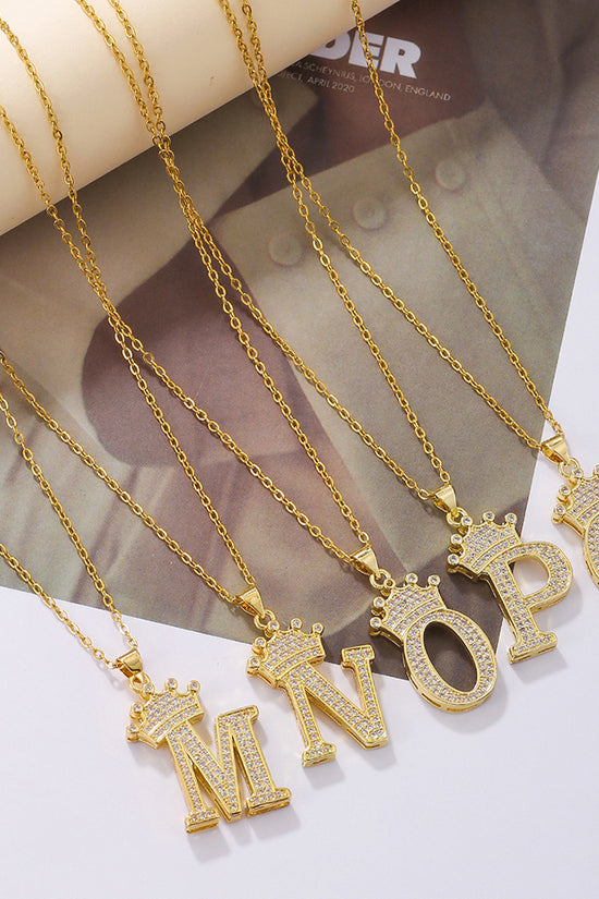 1PCS Fashionable Gold Diamond Crown Uppercase Letter Popular Pendant Necklace Suitable For Daily Use Festivals Parties Gifts Jewelry Set