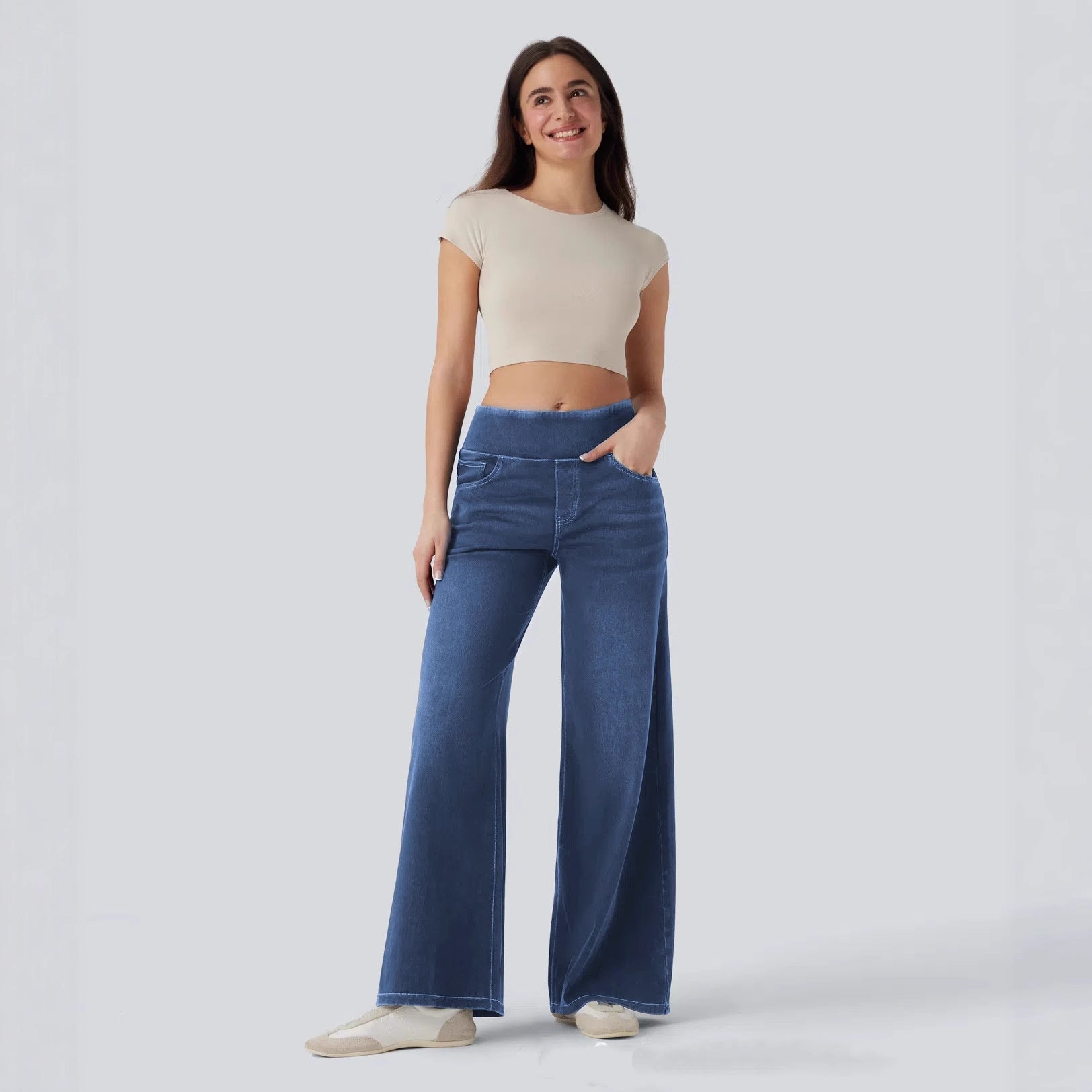 High-waisted Loose-fitting Zip-fly Wide-leg Womens Jeans