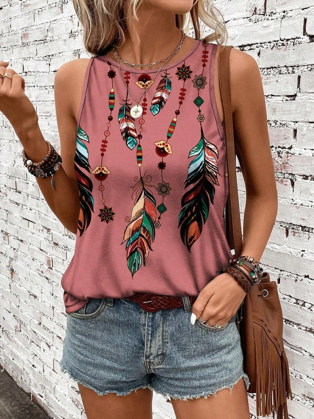 Women's Feather Print Vest Summer Print - DanaFashionstore