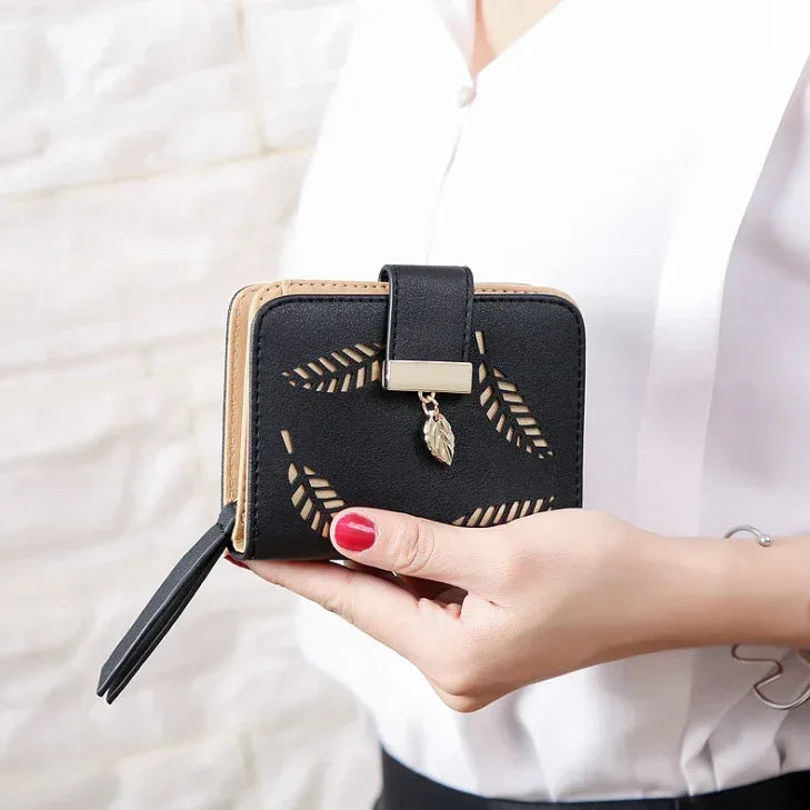 New Korean Women's Wallet Short Hollow Clutch Bag Leaf Zipper Buckle Bills Card Pack - DanaFashionstore
