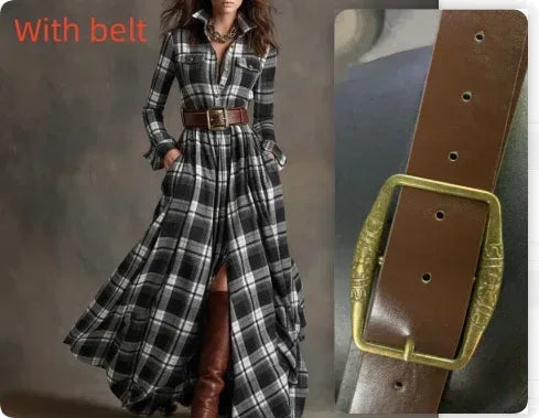 Ins Plaid Print Long-Sleeved Dress Fashion Pockets Collared Buttons Shirt Long Dresses Retro Women's Clothing - DanaFashionstore