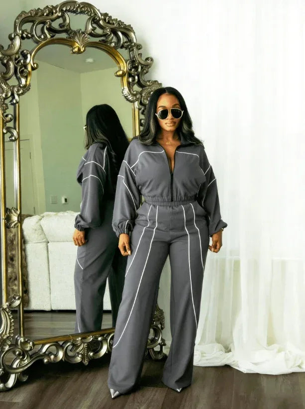 American Hot Girl Contrast-Stitch Zip-Up Jacket & Wide-Leg Pants Set - DanaFashionstore