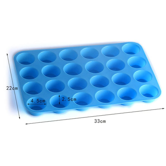 24 holes with round silicone cake mould $13.50 Dana Fashion Color: Blue Size: 33X22cm Dana's Kitchen Material: Silicone Type: Muffin Cupcake Pan Size: 22 * 33cm