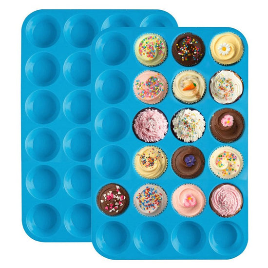 24 holes with round silicone cake mould $13.50 Dana Fashion Color: Blue Size: 33X22cm Dana's Kitchen Material: Silicone Type: Muffin Cupcake Pan Size: 22 * 33cm