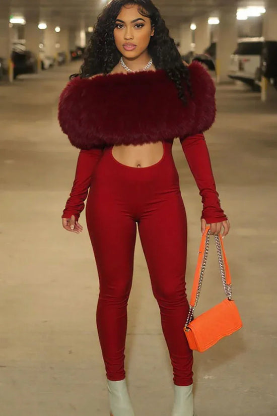 New Women's Off-shoulder Furry Stitching Sexy Midriff-baring Long Sleeve Jumpsuit - DanaFashionstore