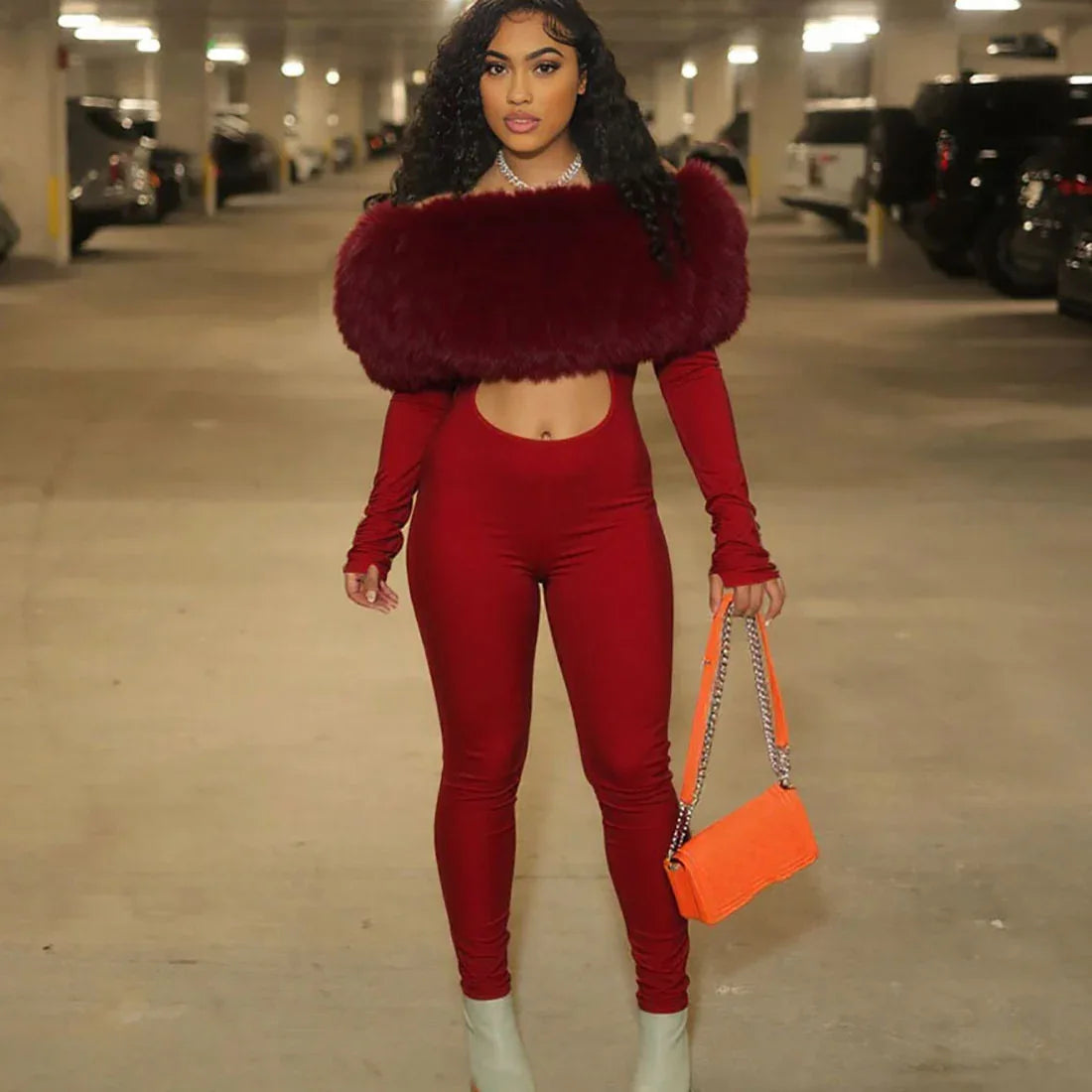 New Women's Off-shoulder Furry Stitching Sexy Midriff-baring Long Sleeve Jumpsuit - DanaFashionstore