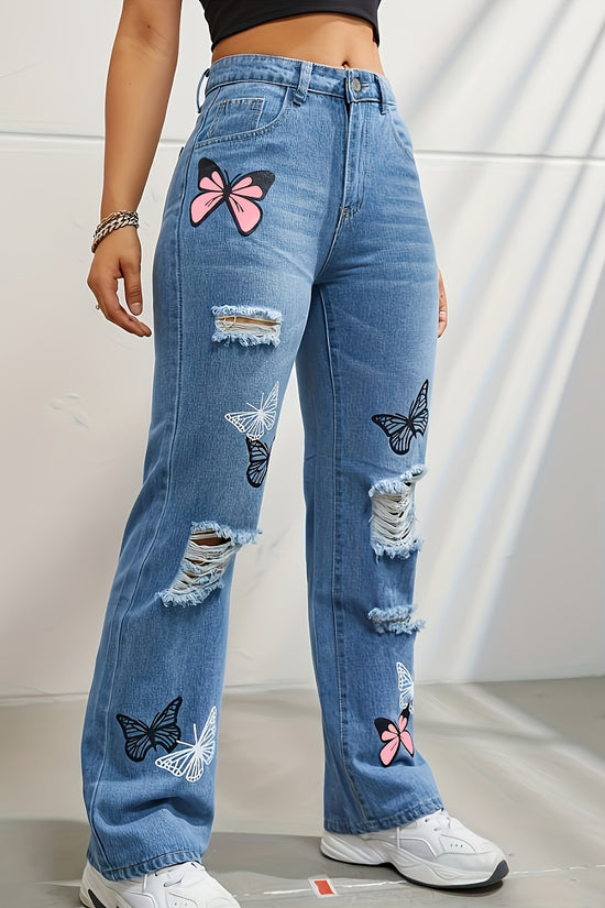 High Waisted Straight Leg Jeans For Women Trendy Butterfly Print Ripped Distressed Denim Pants