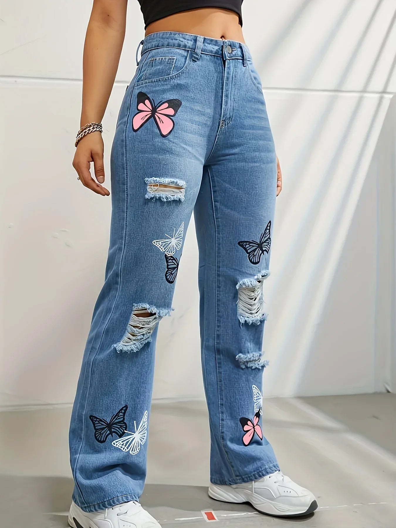 High Waisted Straight Leg Jeans For Women Trendy Butterfly Print Ripped Distressed Denim Pants - DanaFashionstore