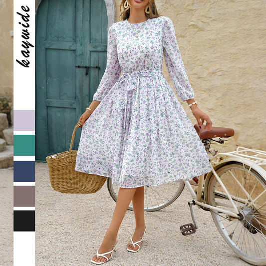 European And American Leisure Vacation Style Polka Dot Long Sleeve Maxi Dress $48.50 Dana Fashion Color: Black Size: L Women's clothing Product information: Pattern: Dots Skirt type: A- line skirt Color: white background, purple pattern, black, brown, dar