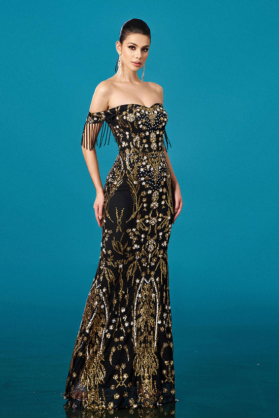 Off-neck Tassel Sequined Fishtail Evening Dress For Banquet