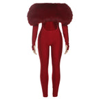 New Women's Off-shoulder Furry Stitching Sexy Midriff-baring Long Sleeve Jumpsuit - DanaFashionstore