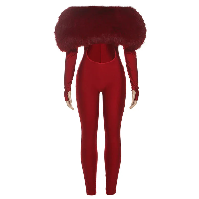 New Women's Off-shoulder Furry Stitching Sexy Midriff-baring Long Sleeve Jumpsuit - DanaFashionstore