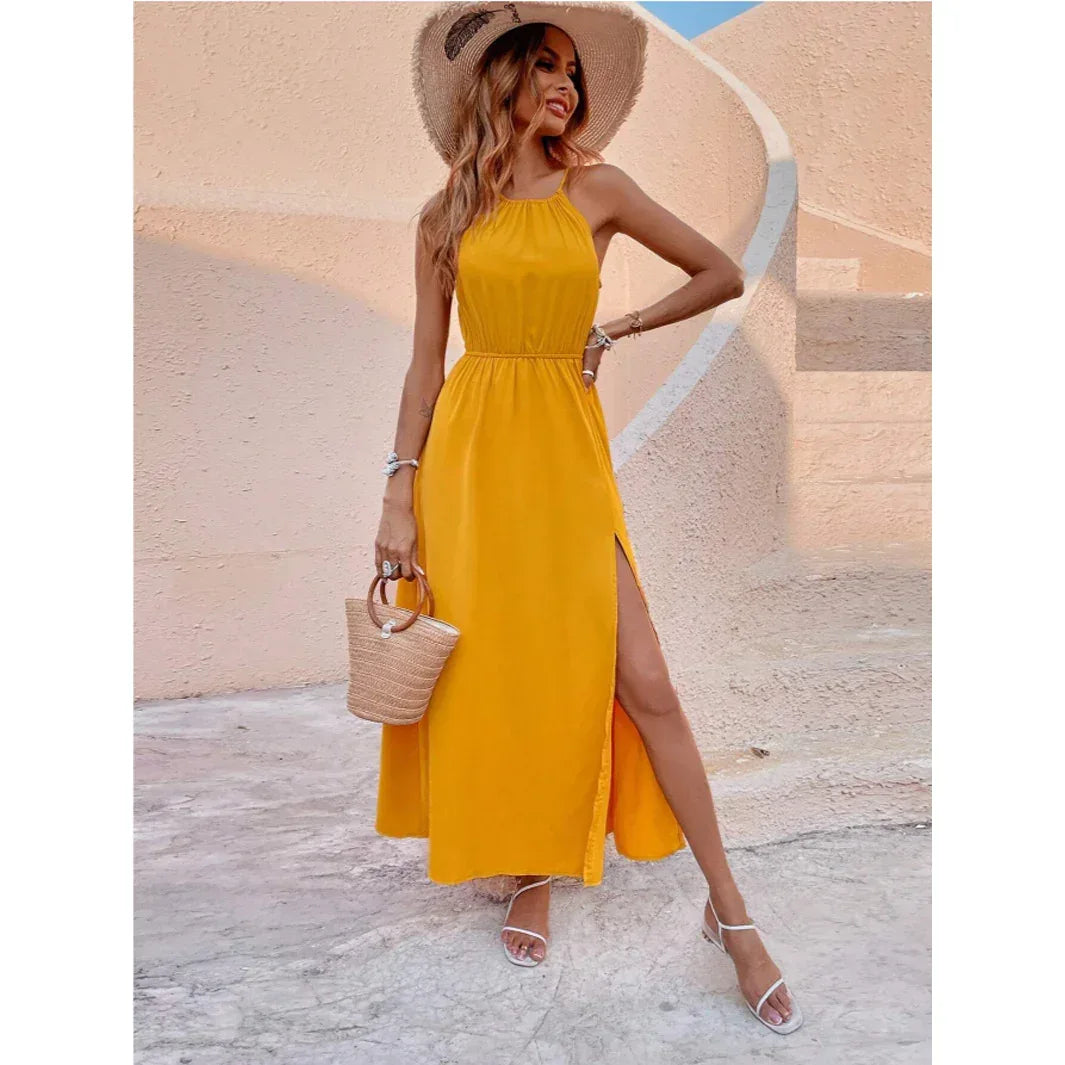 Women Solid Color Slit Thigh Strap Dress - DanaFashionstore