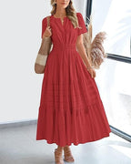 Fashion V-neck Pleated Puff Sleeve Layered Large Swing Dress