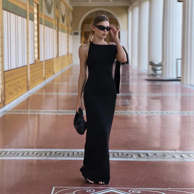 One-shoulder Ribbon Long Dress Ins Fashion Slim Sleeveless Dresses For Evening Party Club Clothing Women - DanaFashionstore