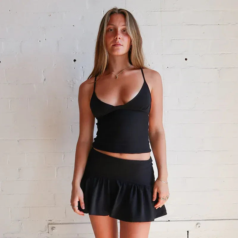 Solid Color And V-neck Hollow Out Strap Short Exercise Skirt Suit - DanaFashionstore