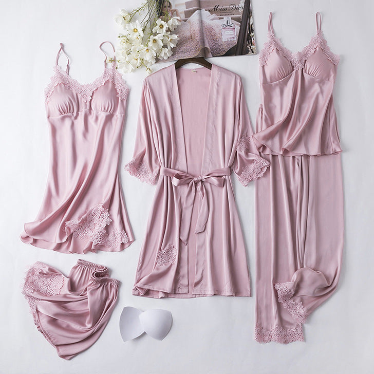 Ice Silk Sexy Slip Nightdress Silk Satin Nightgown With Chest Pad Five-piece Suit Homewear - Dana Fashion