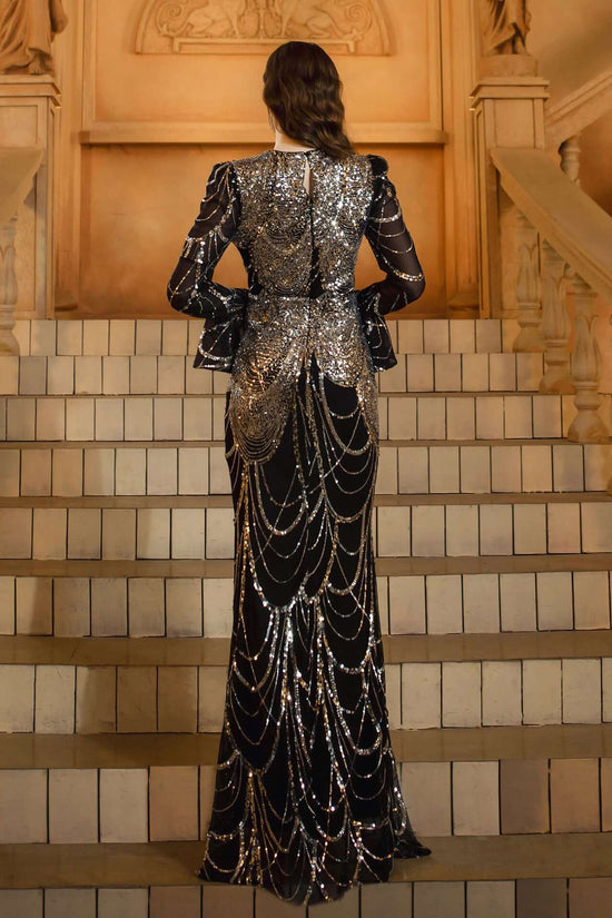 Long Sleeve Round Neck Slim-fit Sheath Sequined Banquet Fishtail Evening Dress $132.98 Dana Fashion Color: Black And Silver Size: L Women's clothing Product information: Pattern: solid color Skirt type: hip skirt Color: Black Silver Waist type: high waist