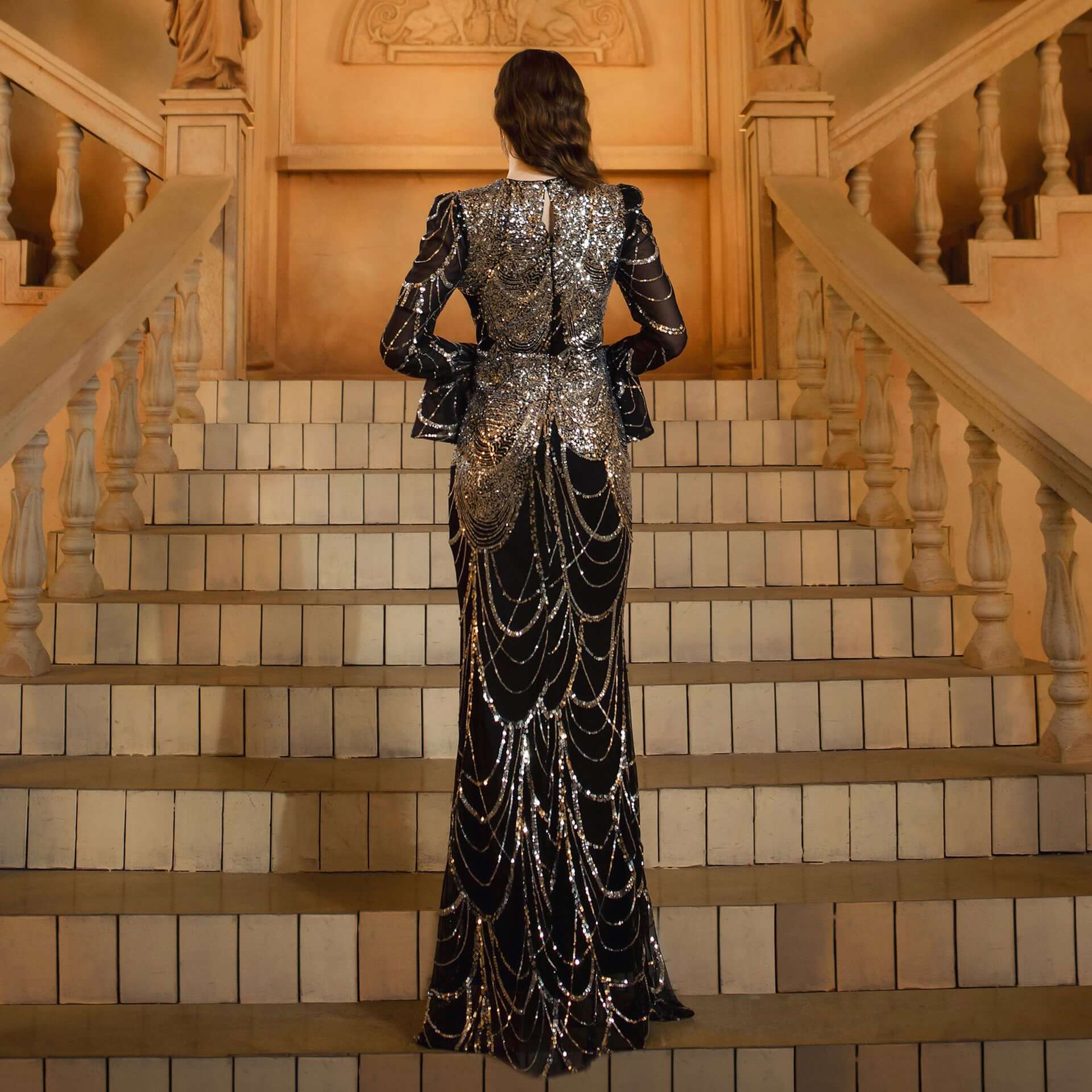 Long Sleeve Round Neck Slim-fit Sheath Sequined Banquet Fishtail Evening Dress $132.98 Dana Fashion Color: Black And Silver Size: L Women's clothing Product information: Pattern: solid color Skirt type: hip skirt Color: Black Silver Waist type: high waist