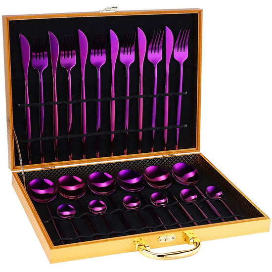24pcs Luxury Cutlery Set $96.91 Dana Fashion Color: Black style: With Box Dana's Kitchen Material: Stainless steel Product Features: High hardness, no distortion, BPA-free and eco-friendly. Are they dishwasher safe? Yes! 18/10 stainless steel with the hig