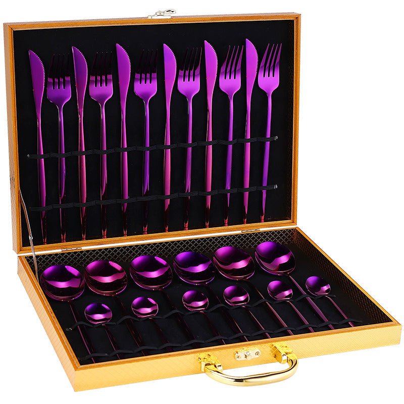 24pcs Luxury Cutlery Set $96.91 Dana Fashion Color: Black style: With Box Dana's Kitchen Material: Stainless steel Product Features: High hardness, no distortion, BPA-free and eco-friendly. Are they dishwasher safe? Yes! 18/10 stainless steel with the hig